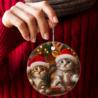 Décoration En Céramique Cute chatons avec le Père Noël et les casquettes d