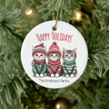 Cute Christmas Cat Ornament | Custom Family Name