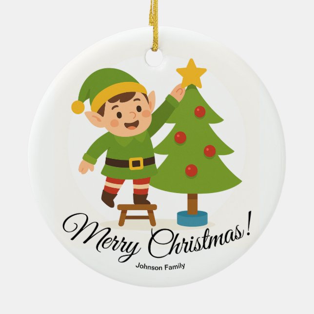 Décoration En Céramique Cute Elf Decorating Tree Personalized Family Name (Dos)