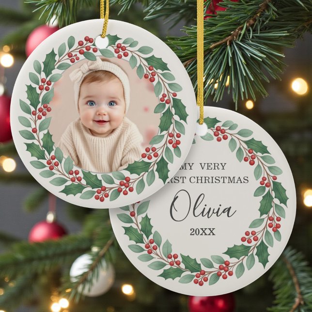 Décoration En Céramique Cute Eucalyptus Baby First Christmas Photo (Créateur téléchargé)