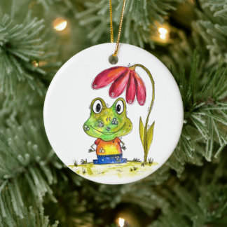 Décoration En Céramique Cute grenouille blanche Whimsical sous une fleur r