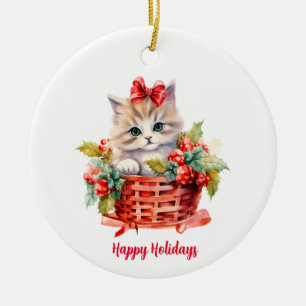 Décoration En Céramique Cute Kitten de Noël dans une corbeille