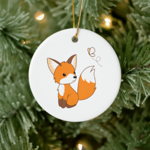 Décoration En Céramique Cute Little Fox Watching Butterfly