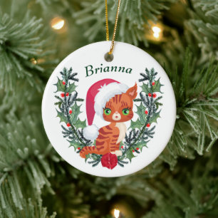 Décoration En Céramique Cute Orange Tabby Kitten couronne de Noël