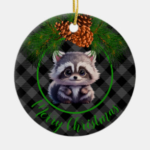 Décoration En Céramique Cute Rustique raccoon noir gris cône de pin plaid