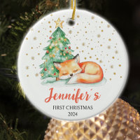 Cute Watercolor Fox Custom Baby First Christmas