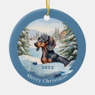 Décoration En Céramique Dachshund Aquarelle Chien Noël