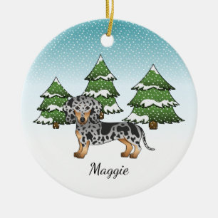 Décoration En Céramique Dachshund Cheveux Courte Noir & Tan En Hiver