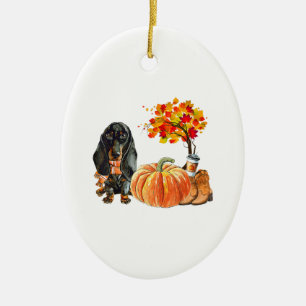 Décoration En Céramique Dachshund Chien Scarf Citrouille Automne Feuilles 