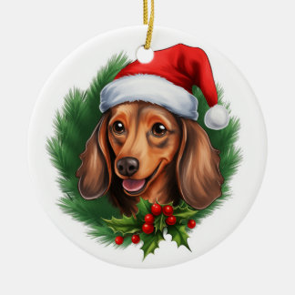 Décoration En Céramique Dachshund Christmas Wreath