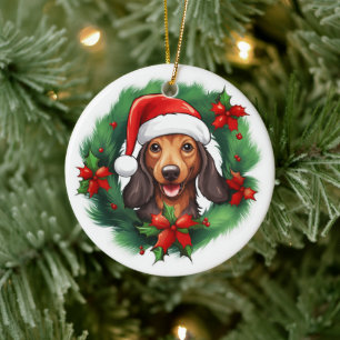 Décoration En Céramique Dachshund Christmas Wreath