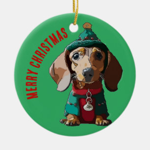 Décoration En Céramique Dachshund de Noël vert