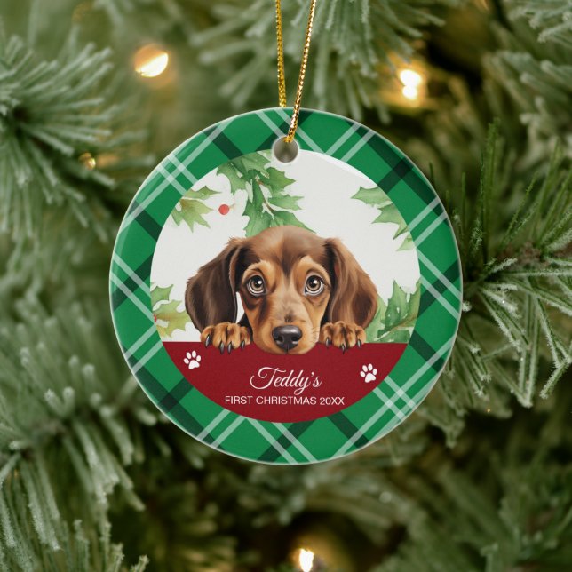 Décoration En Céramique Dachshund Personnalisé Premier Noël (Arbre)