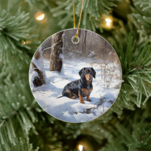 Décoration En Céramique Dachshund Qu'Il Neige Noël