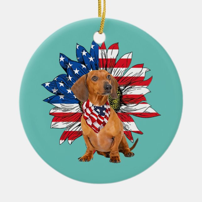 Décoration En Céramique Dachshund rouge Tournesol drapeau américain (Devant)