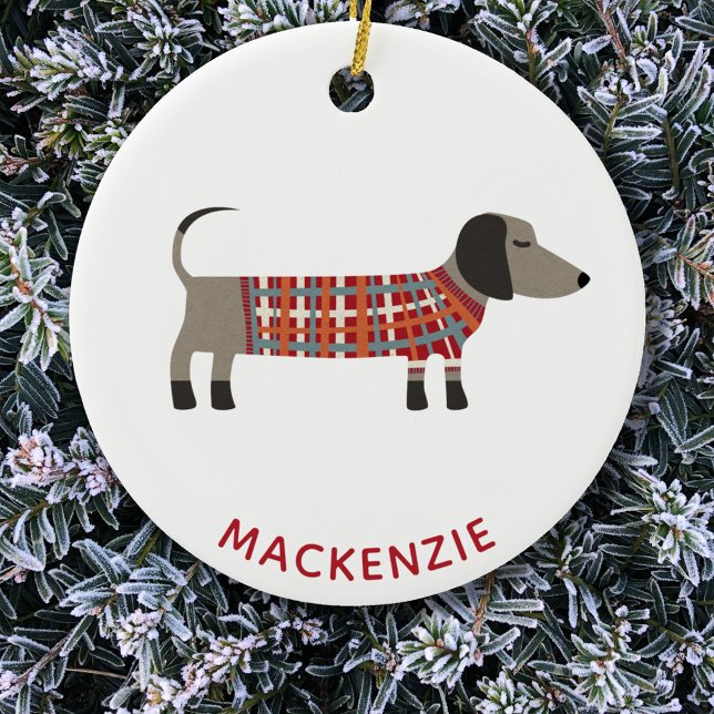 Décoration En Céramique Dachshund Saucisse Chien Nom Personnalisé (Dachshund Wiener Sausage Dog fun personalized name Christmas ornament)