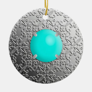 Décoration En Céramique Damas d'argent avec une fausse pierre turquoise
