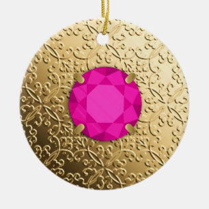 Décoration En Céramique Damas d'or avec un faux bijou tourmalin rose