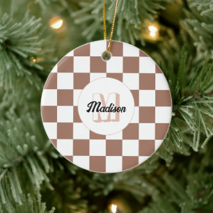 Décoration En Céramique Damier cases marron moka blanc rétro Monogramme