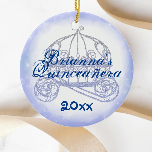 Décoration En Céramique Décor de Noël de la Quinceanera Bleue (personalized light dusty blue quinceanera christmas ornament princess gift horse carriage cute)
