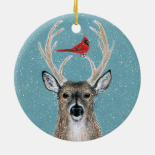Décoration En Céramique Deer, Cardinal, Neige, Bois