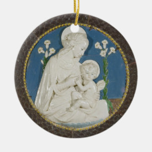 Décoration En Céramique Della Robbia Vierge avec Lilies Bleu Blanc Vierge