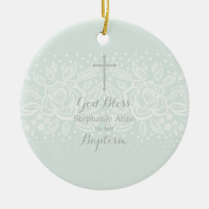 Décoration En Céramique Dentelle florale sensible opale bleue de baptême