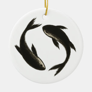 Décoration En Céramique Deux Koi - Poisson en pinceau d'encre