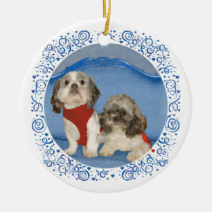 Décoration En Céramique Deux Petits Chiens de Sauvetage Shih Tzu
