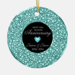 Décoration En Céramique Diamants Bleu- Vert Et Blanc Coeur Argent