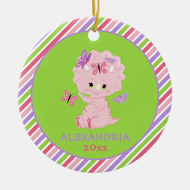 Décoration En Céramique Dinosaure fille rose Stripes personnalisées Noël (Devant)