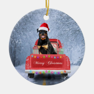 Décoration En Céramique Dog Rottweiler en neige assis sur un camion de Noë