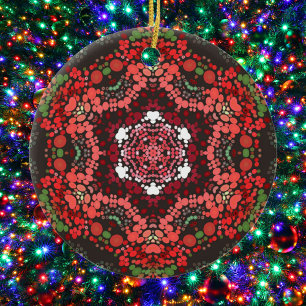 Décoration En Céramique Dot Mandala Rouge Vert et Blanc