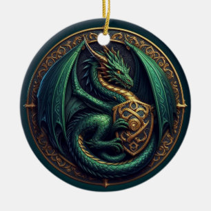 Décoration En Céramique Dragon vert avec Bouclier