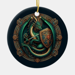 Décoration En Céramique Dragon vert avec épée
