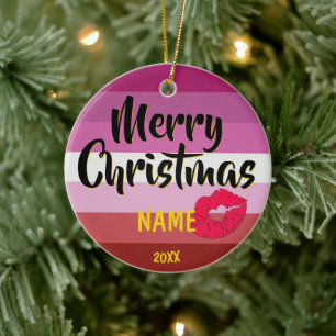 Décoration En Céramique Drapeau lesbien en bâton à lèvres Noël personnalis