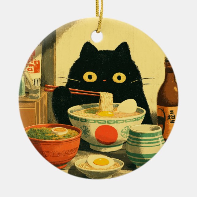 Décoration En Céramique Drôle chat noir manger Ramen (Devant)