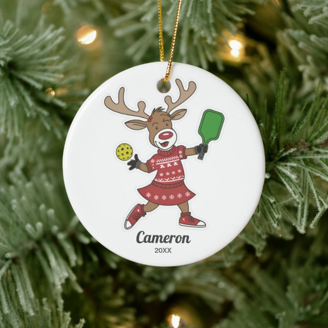 Décoration En Céramique Drôle Noël Pickleball Reindeer, Photo personnalisé (Arbre)