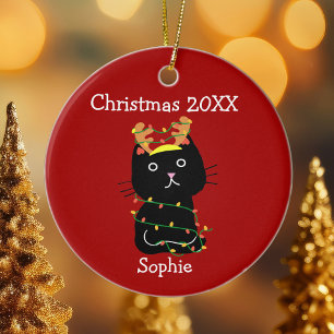 Décoration En Céramique Drôle Noir Chat Noël Dessin Monogramme Rouge