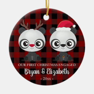 Décoration En Céramique Drôle Pandas premier Noël engagé rouge plaid