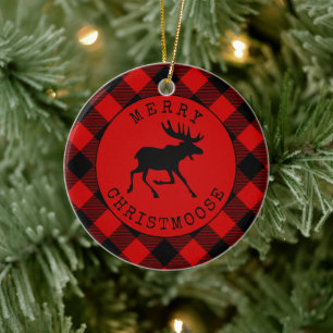 Décoration En Céramique Drôle Rustique Joyeux Christmoose Rouge Plaid