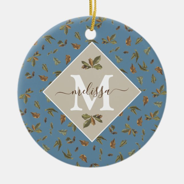 Décoration En Céramique Dusty Blue Rustic Feuilles Brown Monogramme (Devant)