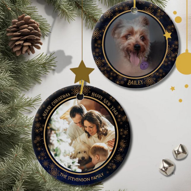 Décoration En Céramique Elégant bleu marine Noël 2 photo (Elegant Navy Blue Christmas 2 Photo Ceramic Ornament)