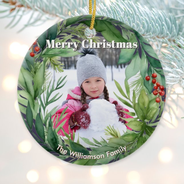 Décoration En Céramique Elegant Christmas Greenery Custom Photo (A Christmas ornament with watercolor-style greenery, custom name and photo(s))