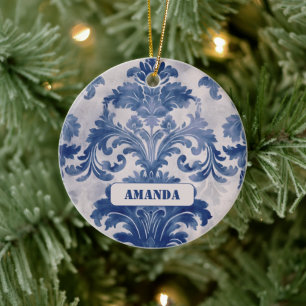 Décoration En Céramique Élégant damassé Bleu toile de jouy monogramme