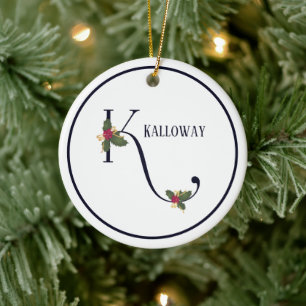 Décoration En Céramique Élégant Noël Vintage Holly Initial K
