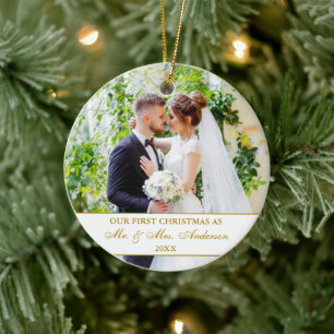 Décoration En Céramique Élégant Notre premier Noël Blanc Or 2 Photo