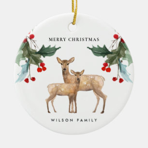 DÉCORATION EN CÉRAMIQUE ÉLÉGANT ROUGE VERT HOLLY BERRY DEER DUO NOËL