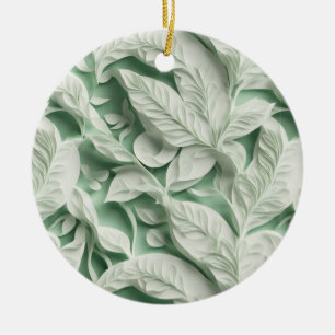 Décoration En Céramique Élégant vintage blanc vert motif de feuille botani