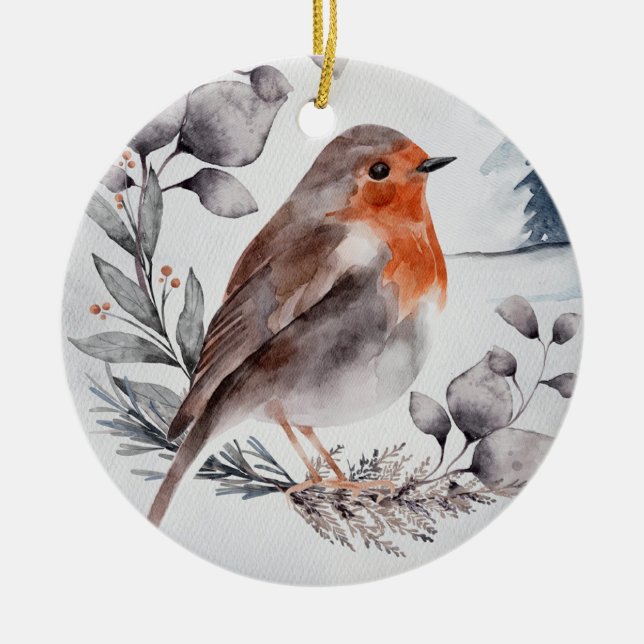 Décoration En Céramique Elégante aquarelle Winter American Robin (Devant)
